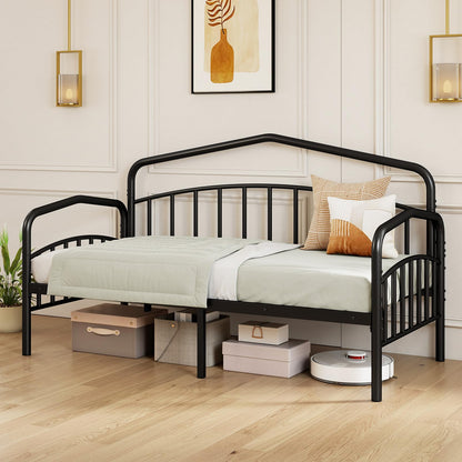 Metal Day Bed with Trundle, Single Bed Frame with Headboard