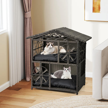2-storey Wicker Cat House with Removable Cushions