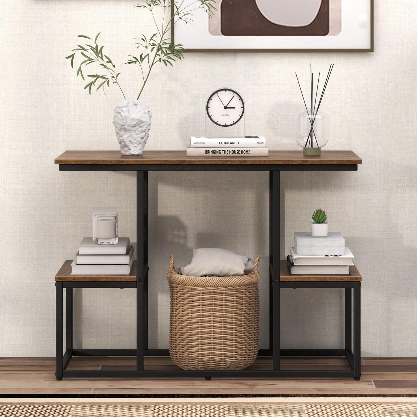 Rustic TV Console Table Industrial Sofa Table with Open Storage Shelves