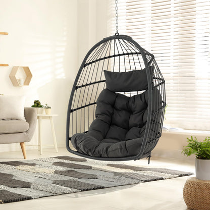 Foldable Rattan Hanging Chair with Soft Cushion and Head Pillow
