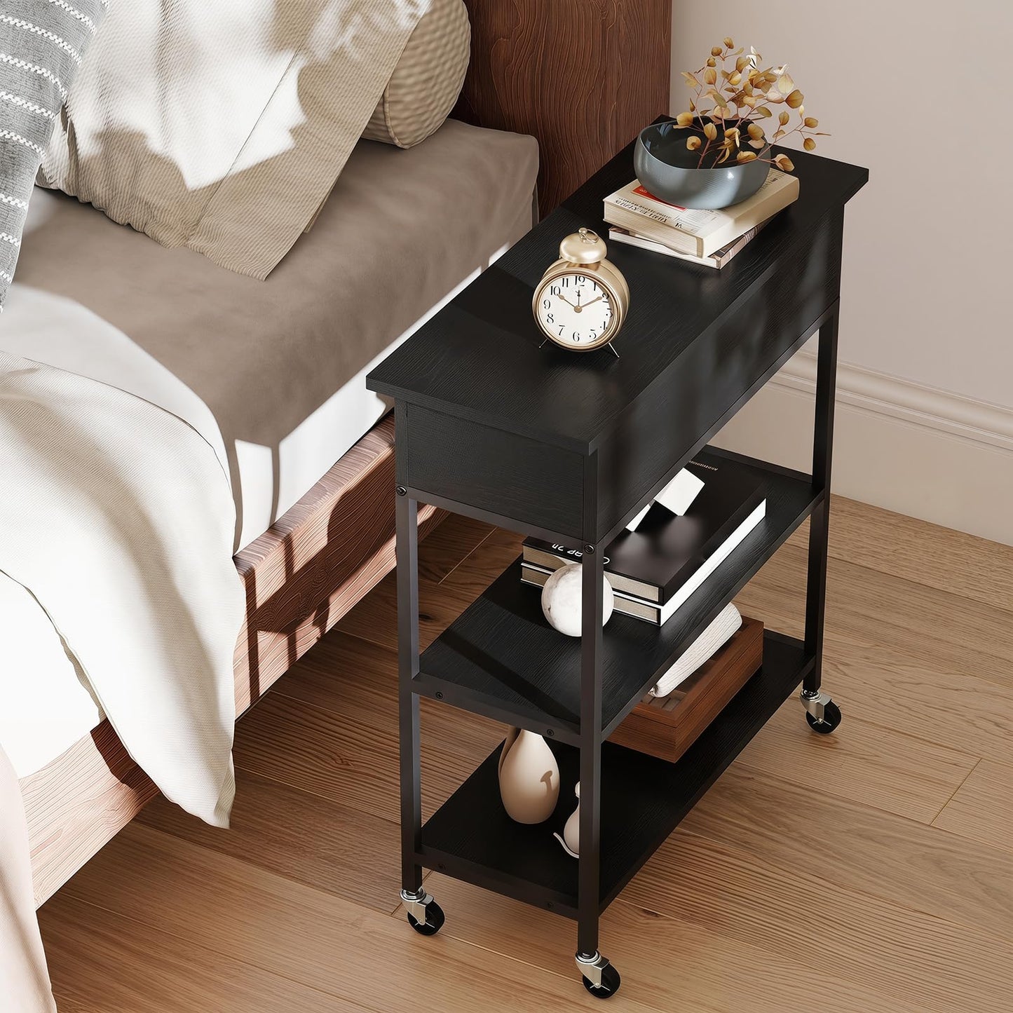 Rolling Lift Top End Table with Charging Station & Hidden Compartment for Living Room