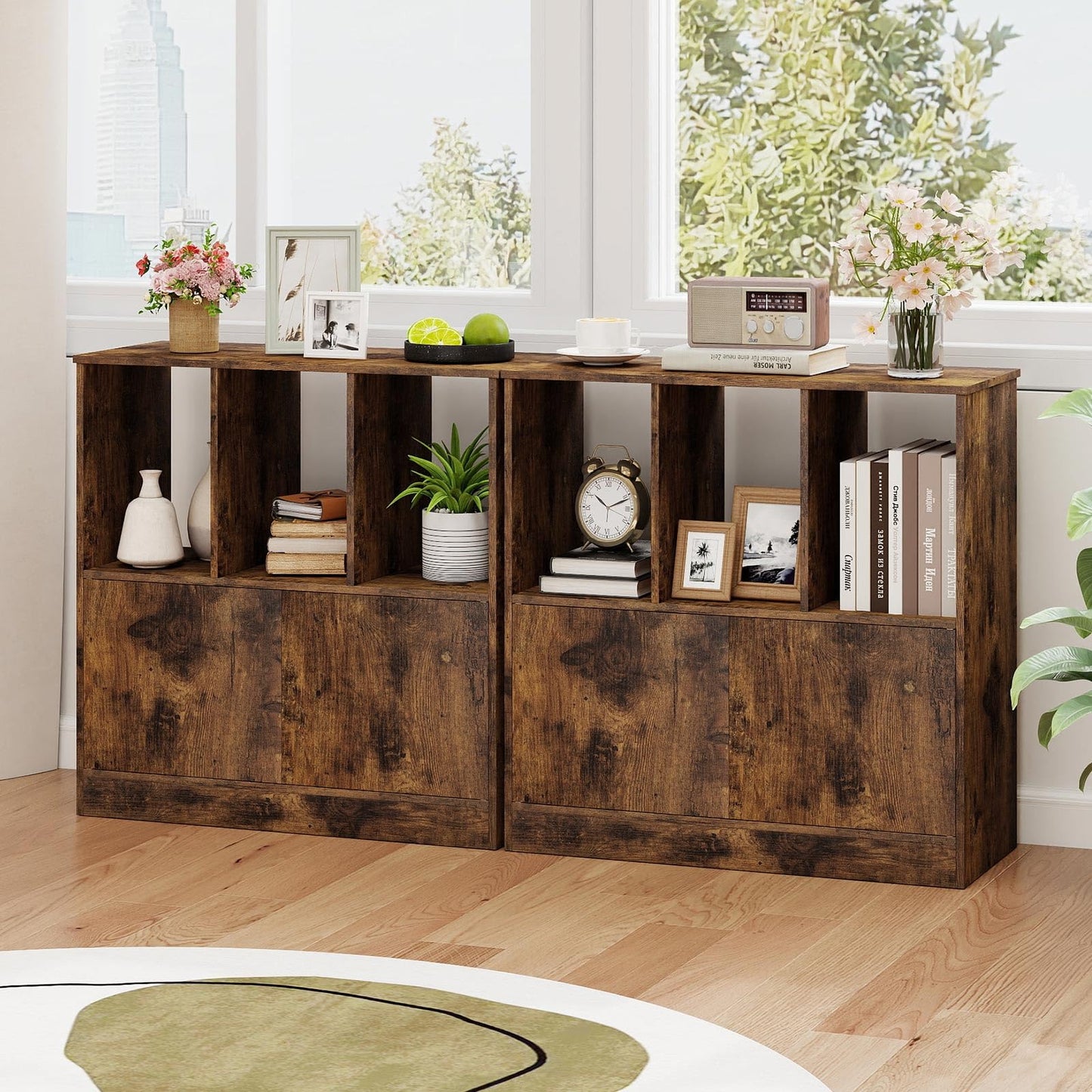 3-Cube Bookcase with Doors, Modern Bookshelf Open Storage Organizer Unit