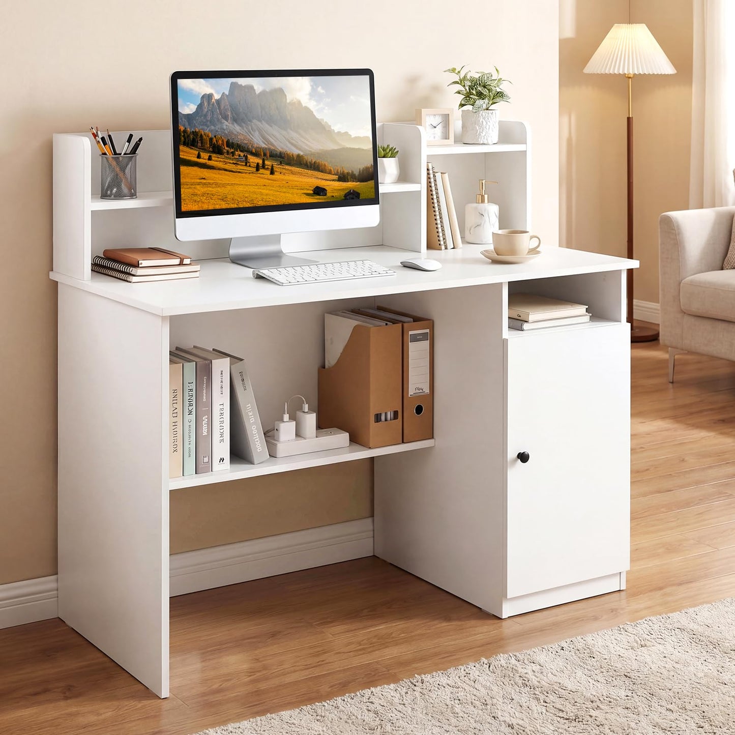 120CM Computer Desk, Wooden PC Laptop Table Writing Workstation with Monitor Stand