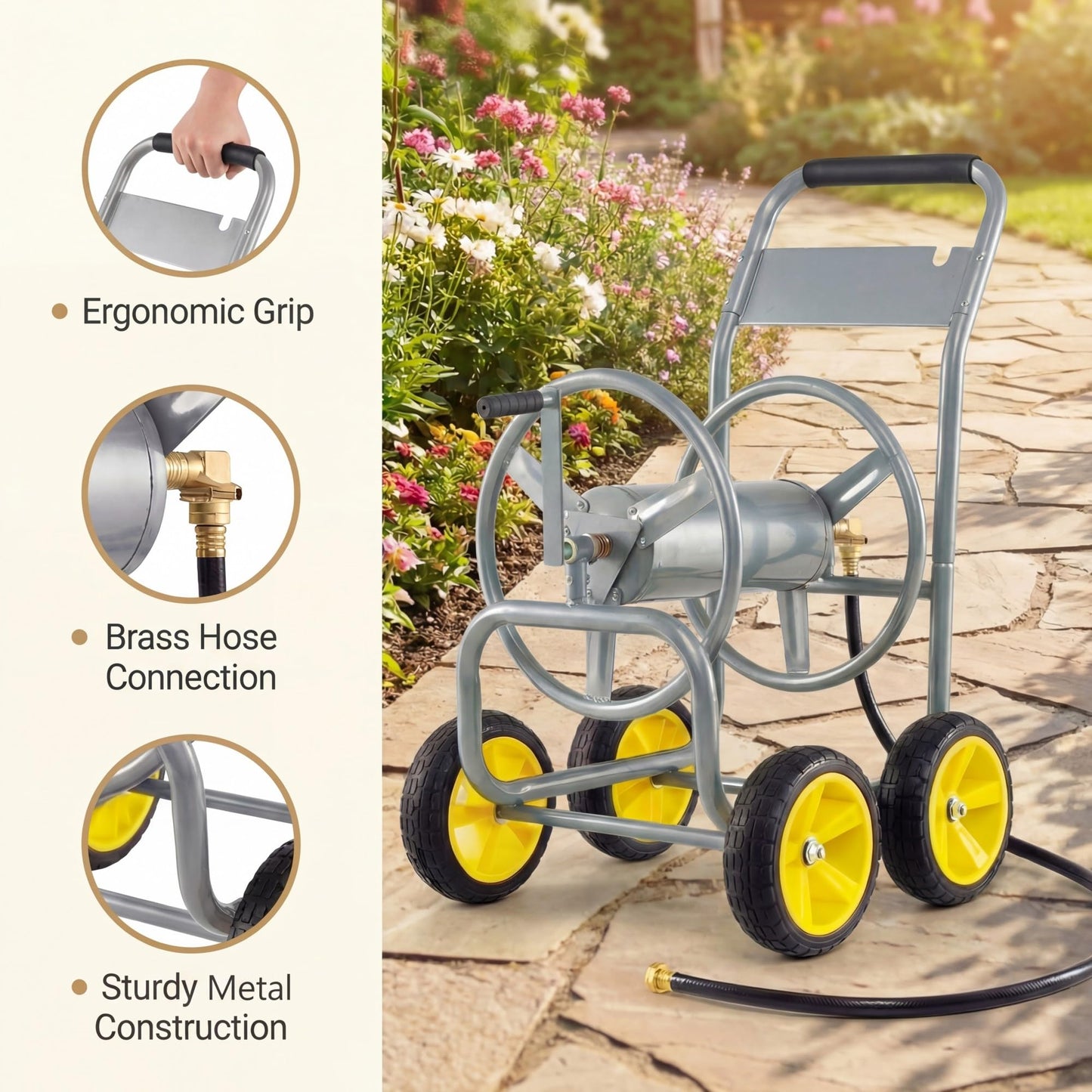 GiantexUK Garden Hose Reel Cart, Heavy-Duty Metal Hose Pipe Trolley with 4 Wheels
