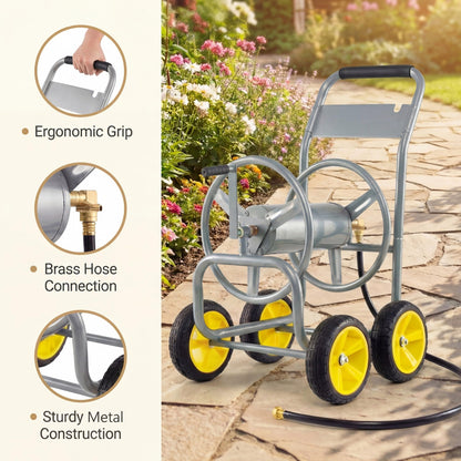 GiantexUK Garden Hose Reel Cart, Heavy-Duty Metal Hose Pipe Trolley with 4 Wheels
