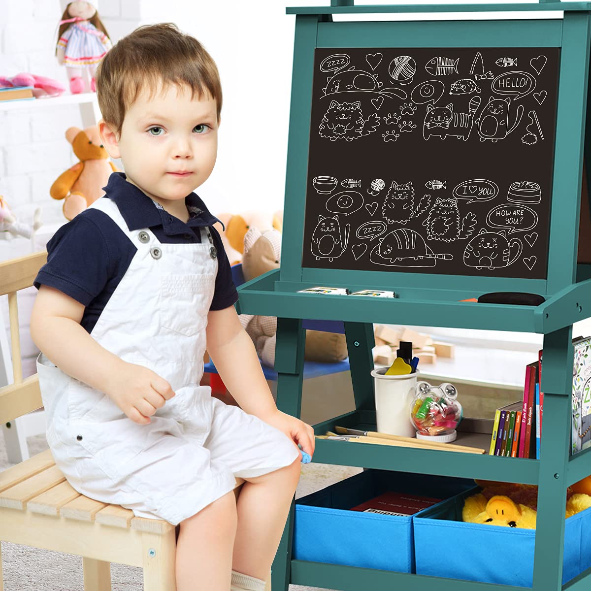 Double Sided Blackboard and Magnetic Whiteboard Easels with Paper Roll