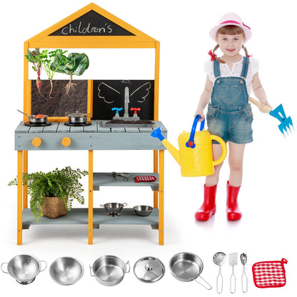 Kids Mud Kitchen Outdoor Kitchen Playset with Educational Plant Viewer