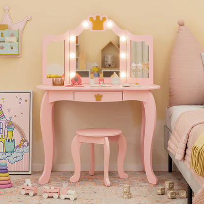 Kids Vanity Set with Lighted Mirror and Adjustable Brightness Pull-out Drawer and Stool