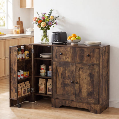 Storage Cabinet with 3 Doors, 3-Tier Side Rack & Lockable Wheel