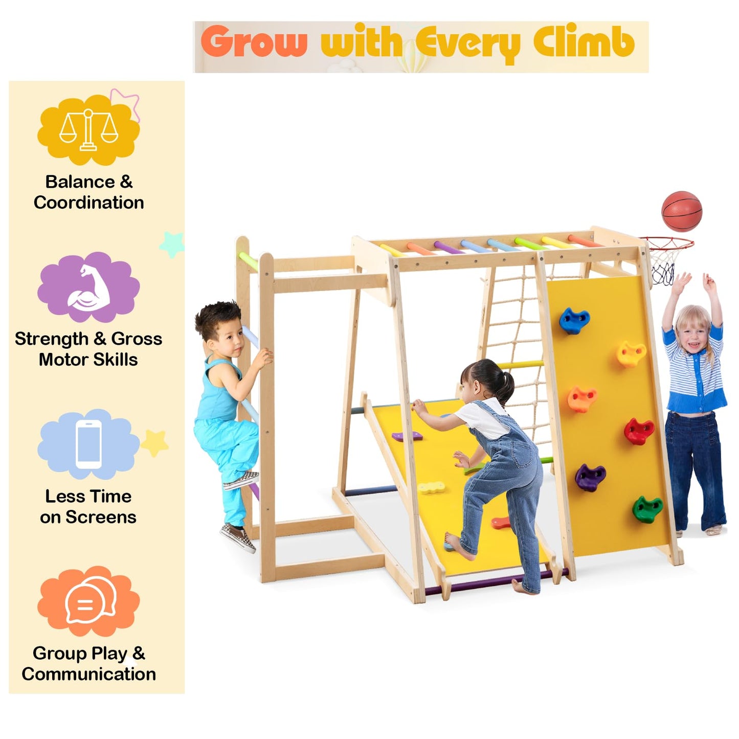 6-in-1 Jungle Gym with Slide and Rock Climbing for 3-14 Years Olds