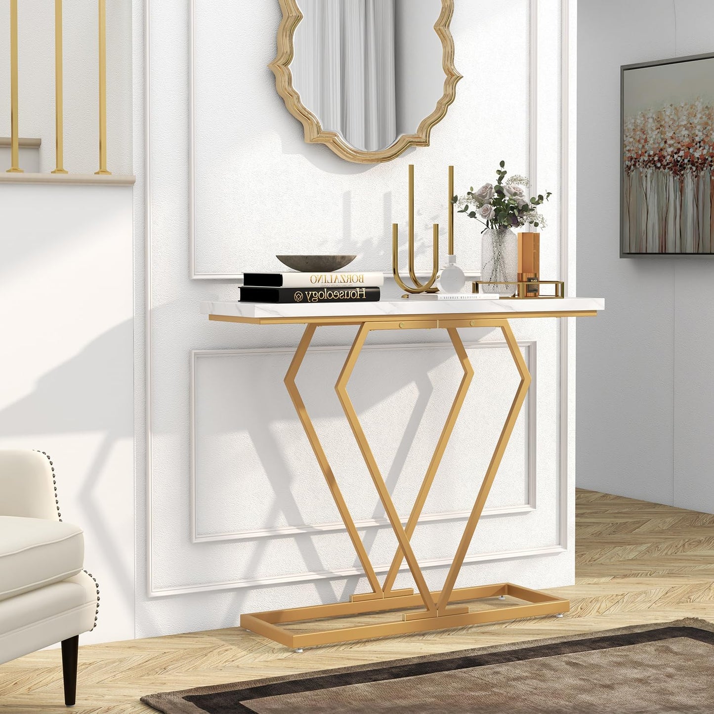 100 cm Gold Console Table with Diamond Shape Geometric Frame