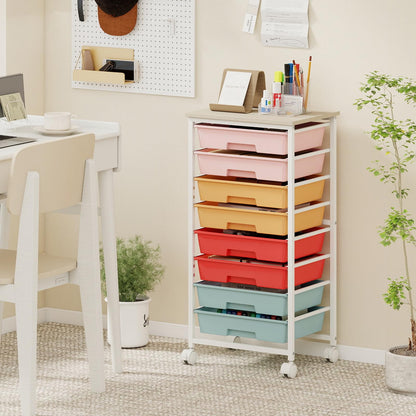 8 Drawers Storage Trolley, Rolling Utility Cart with Wooden Top