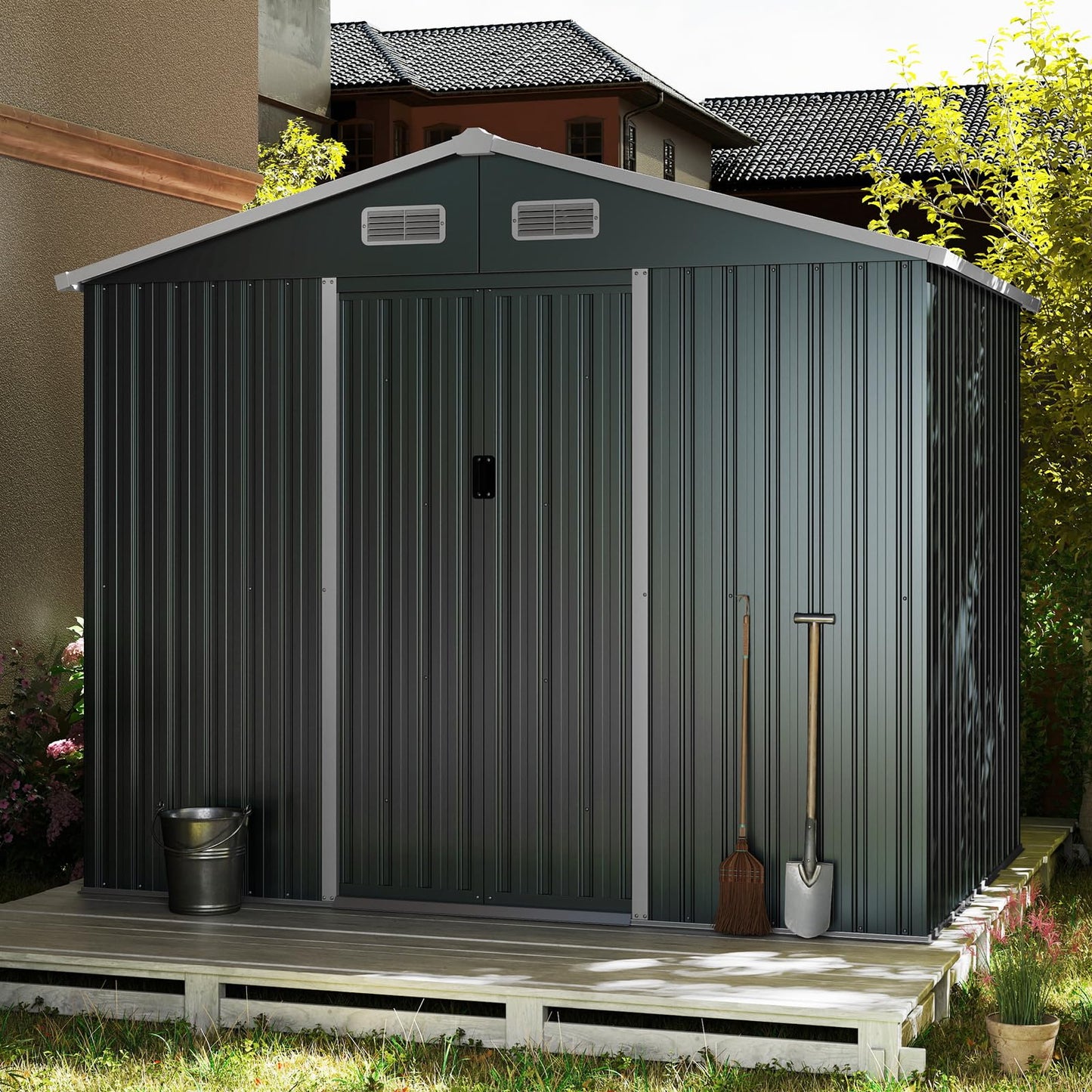 8x6FT Galvanized Metal Garden Shed Outdoor Lockable Tool Storage House