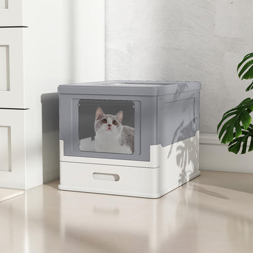 Cat Litter Box, Foldable Hooded Litter Tray with Lid, Flip Top Exit