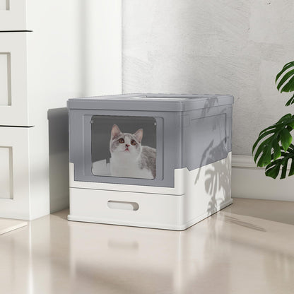 Cat Litter Box, Foldable Hooded Litter Tray with Lid, Flip Top Exit