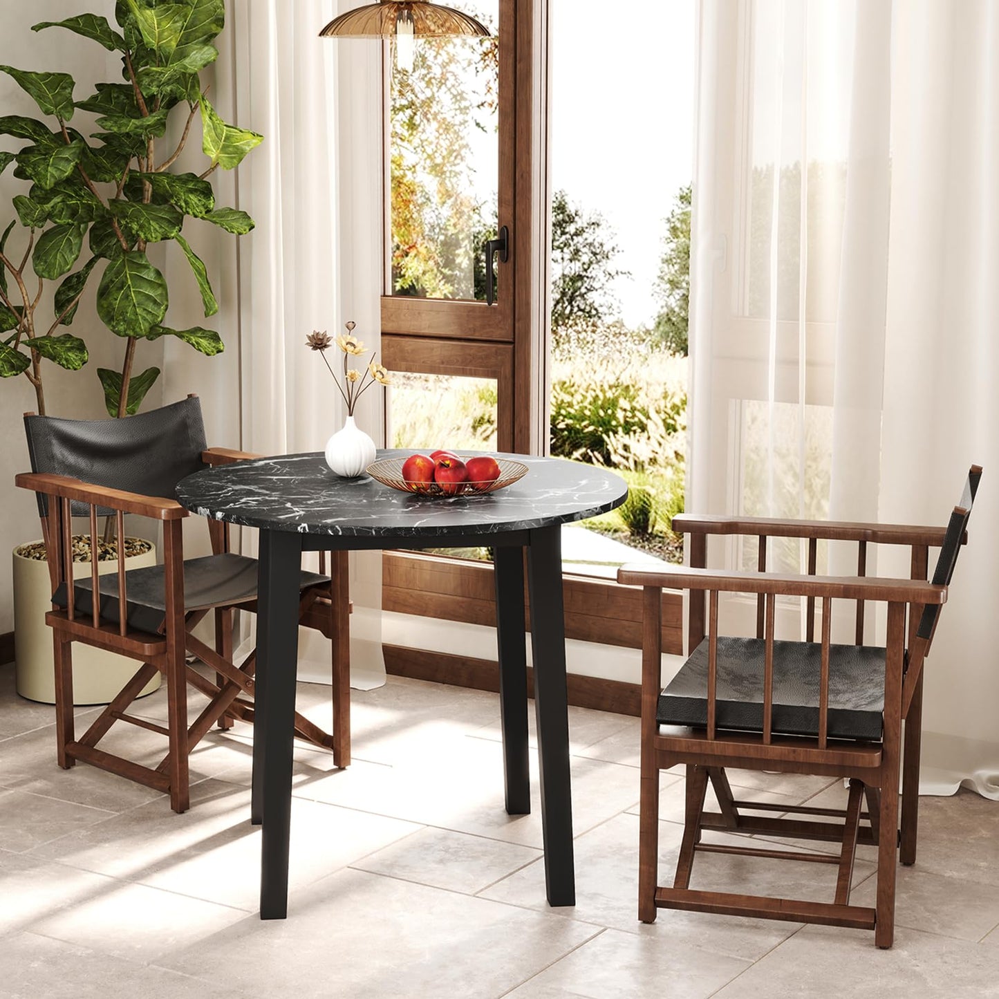 Round Dining Table with Rubber Wood Legs and Marble-textured Veneer Tabletop