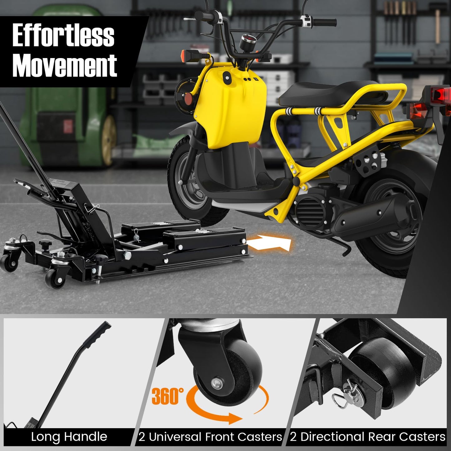 680KG Motorcycle Lift Jack with 4 Wheels and Footplates