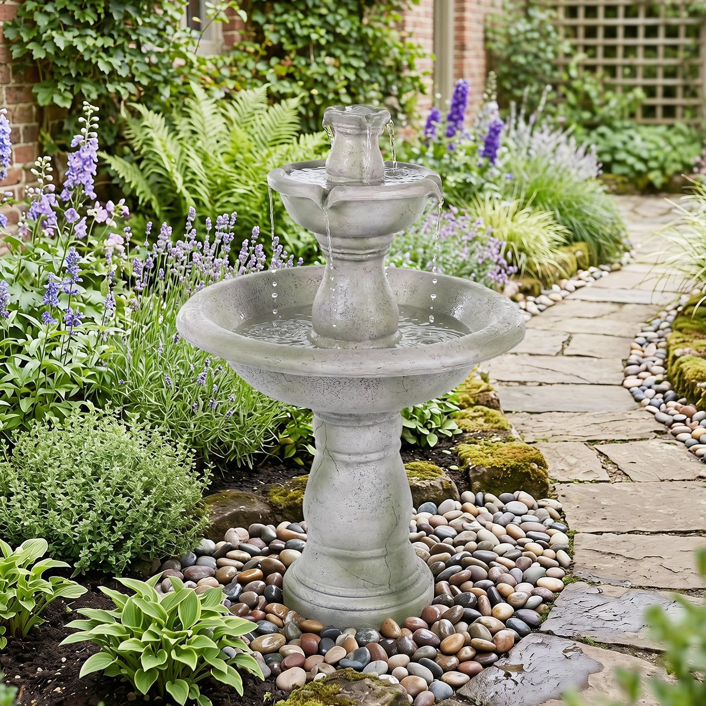 3-Tier Outdoor Water Fountain, 89cm Self-Contained Cascading Water Feature