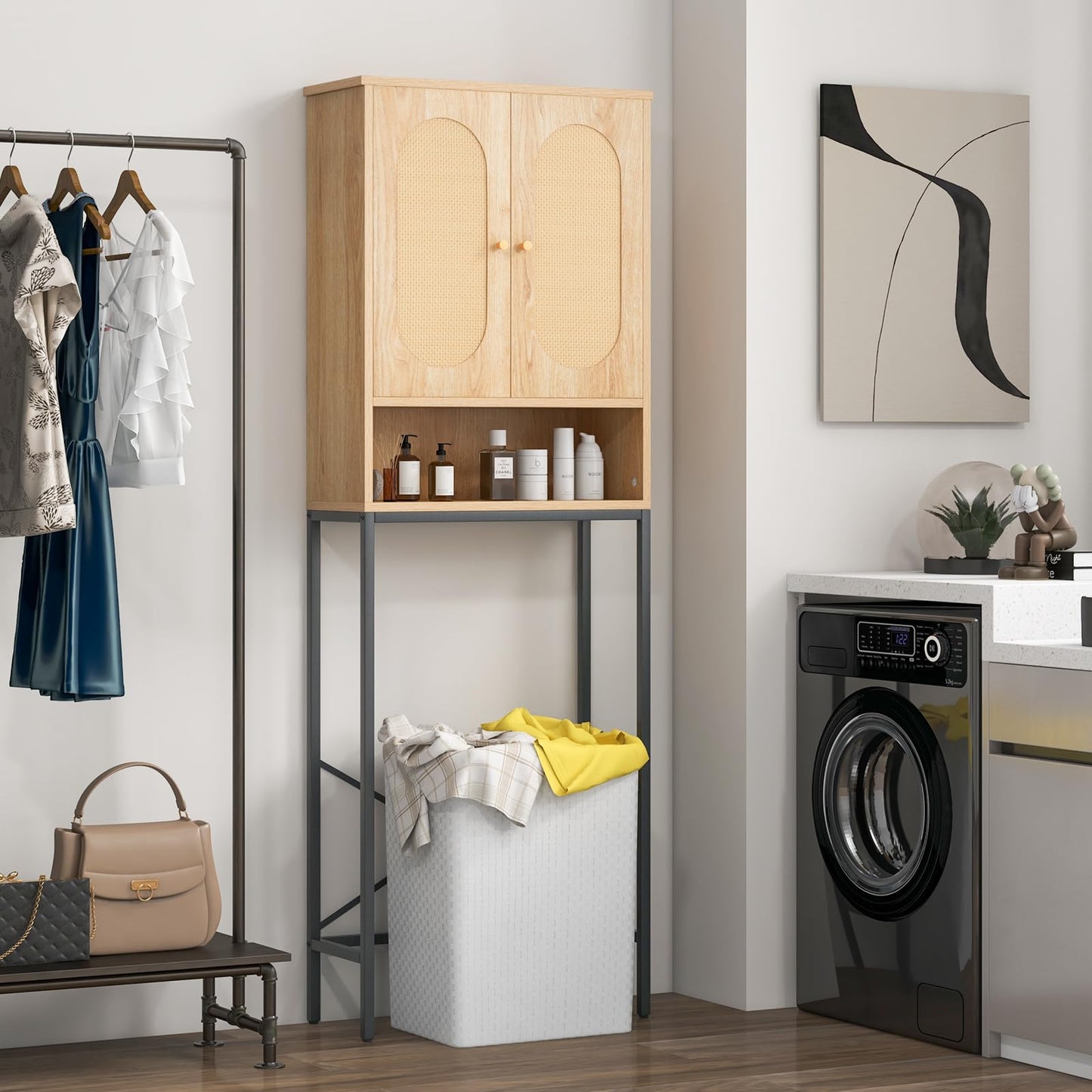 Over The Toilet Freestanding Toilet Storage Cabinet with Rattan Doors