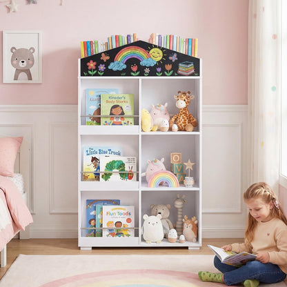 Kids Dollhouse Bookshelf with Chalkboard for Kids Room, Nursery, Playroom