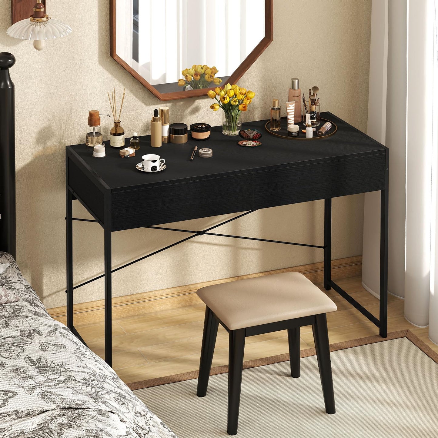 Computer Desk with 2 Drawers Vanity Table with Heavy-Duty Metal Frame