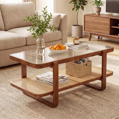 2-Tier Rattan Coffee Table, Frosted Tempered Glass Center Table