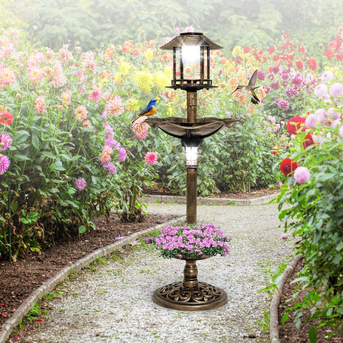 4 in 1 Bird Feeder and Bath with Solar Lights & Flower Planter Base