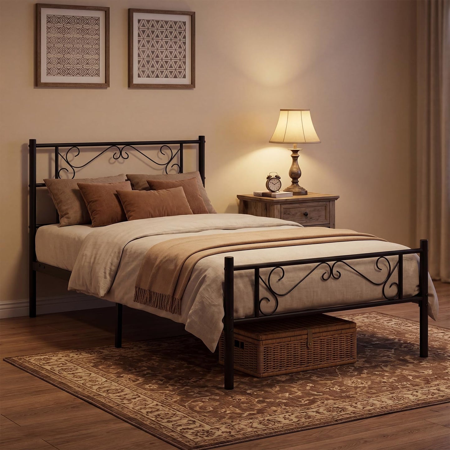 3ft Single Bed Frame, Metal Platform Bed Base with Floral Headboard