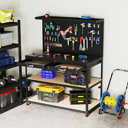 121x61x156cm Metal Workbench with Pegboard with 2 Drawers & 24 Hanging Accessories
