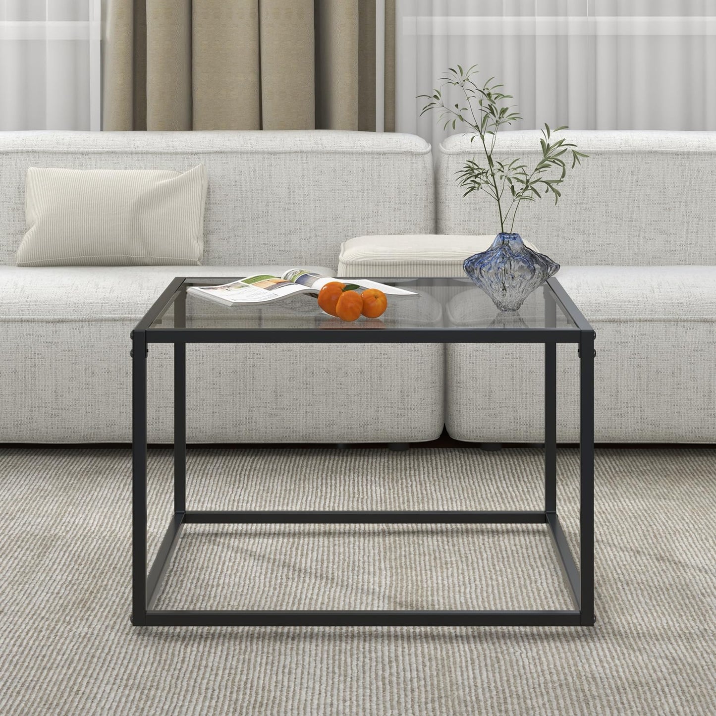 Giantex Square Coffee Table Tempered Glass Sofa Side Table with Adjustable Foot Pads (without Mesh Shelf)