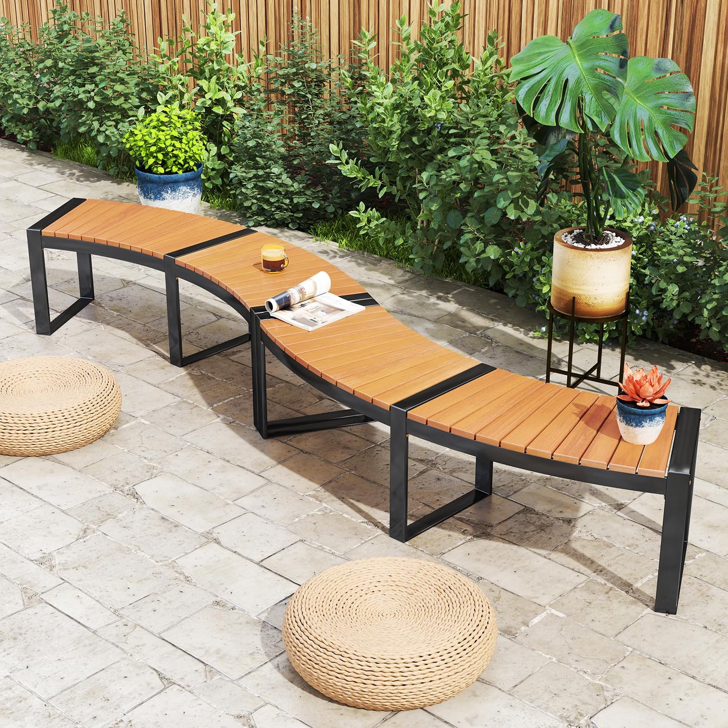 Acacia Wood Fire Pit Bench with Slatted Seat Metal Legs