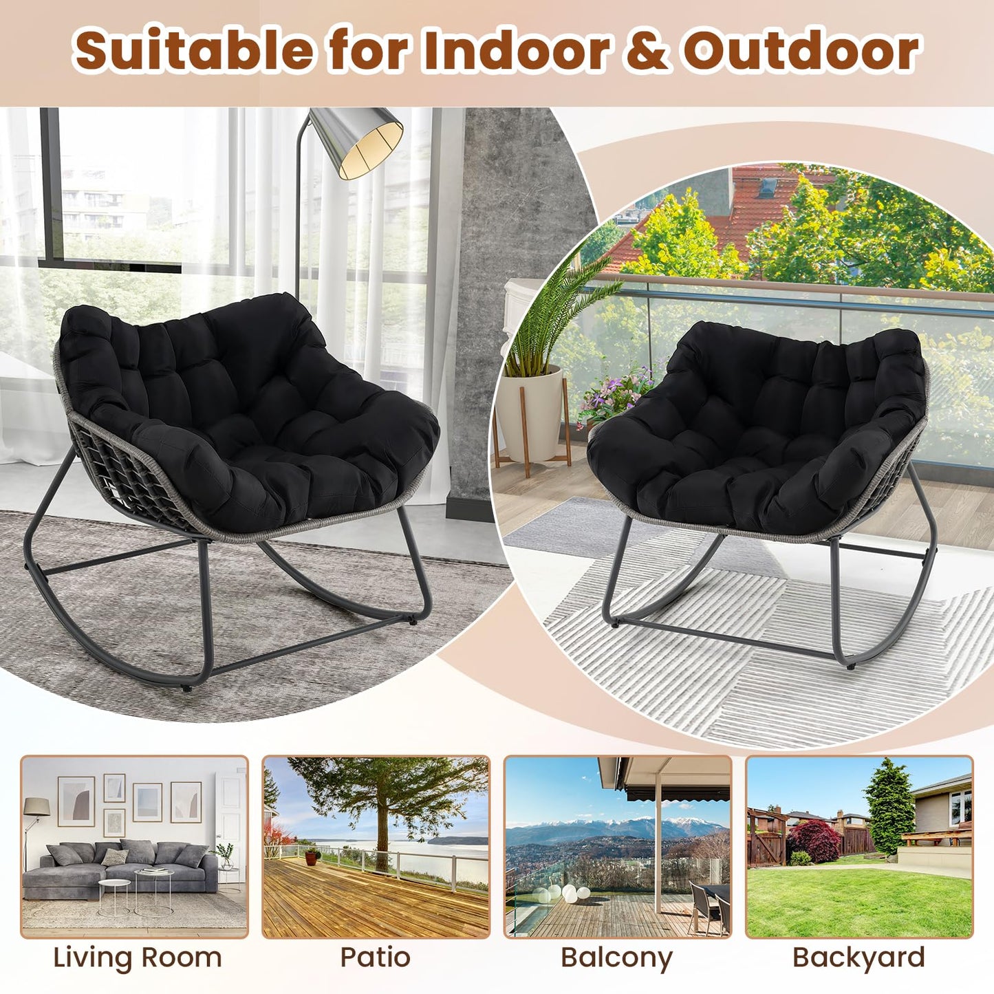 Oversized Patio Wicker Egg Chair with Thick and Removable Cushion