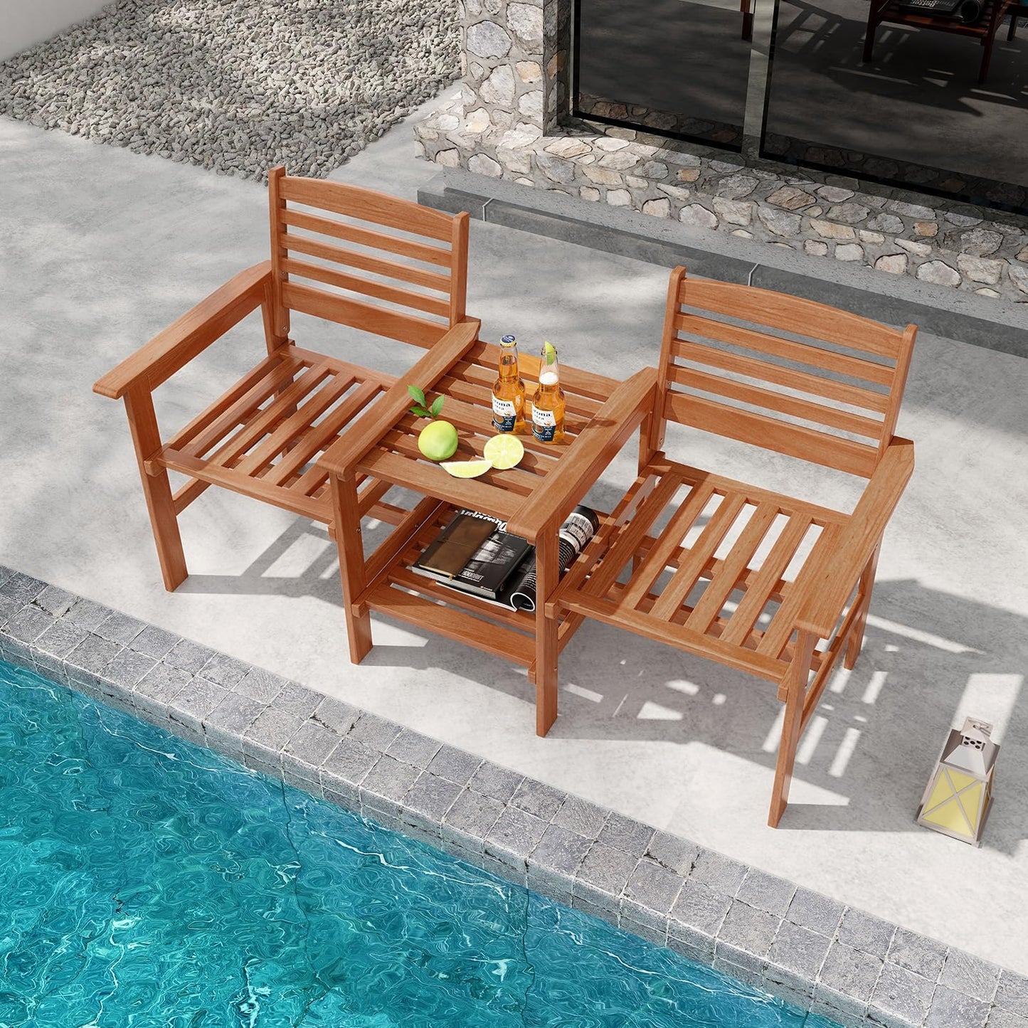 2-Seater Wooden Bench Seat with 2 Tier Coffee Table and Umbrella Hole