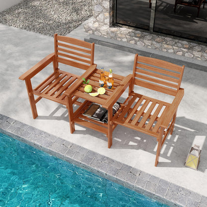 2-Seater Wooden Bench Seat with 2 Tier Coffee Table and Umbrella Hole