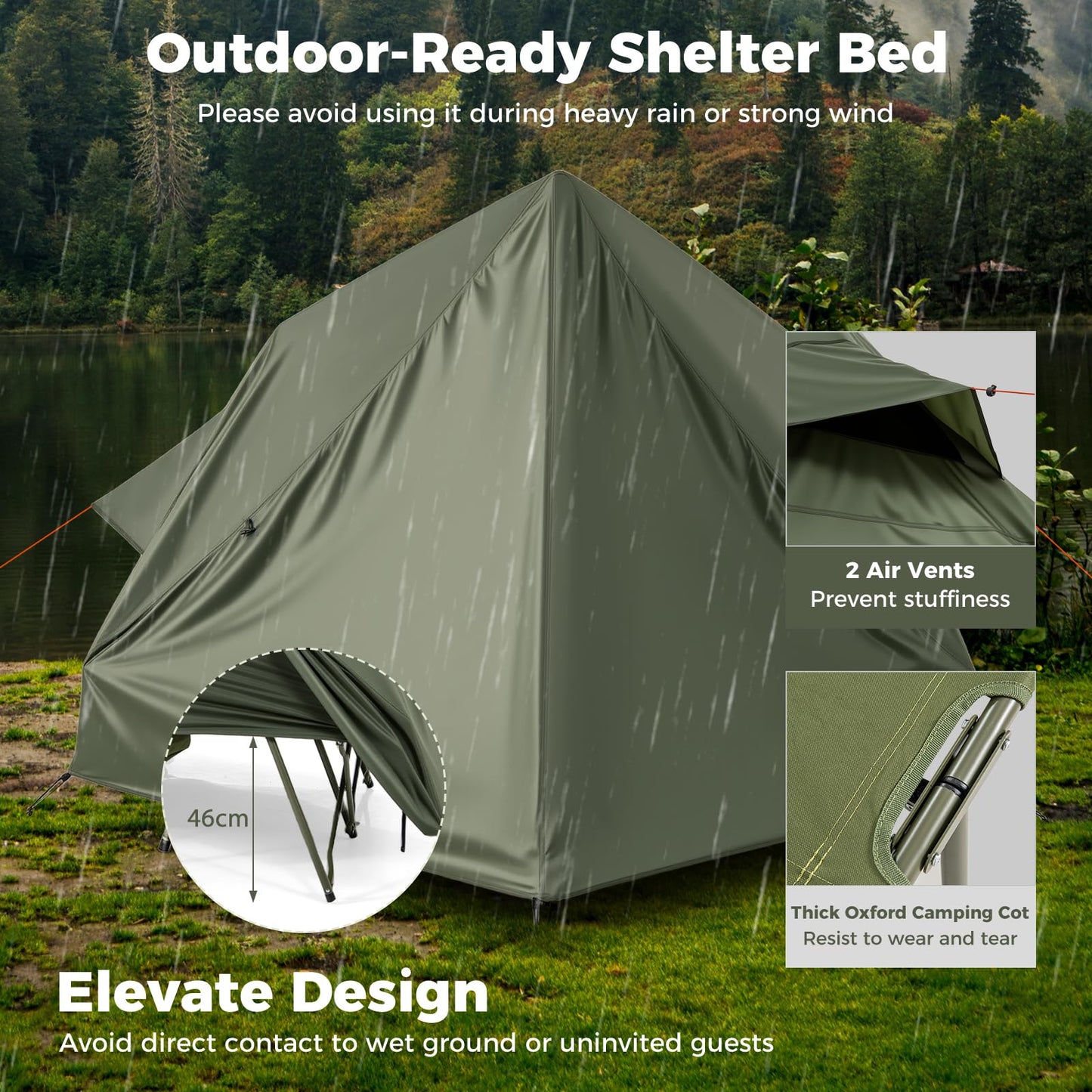 2-Person Foldable Off-Ground Camping Cot Tent with Wheeled Bag