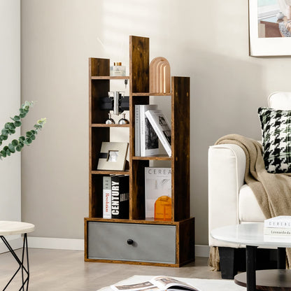 7/12-Tier Wooden Bookshelf with Folding Drawer for Study Living Room