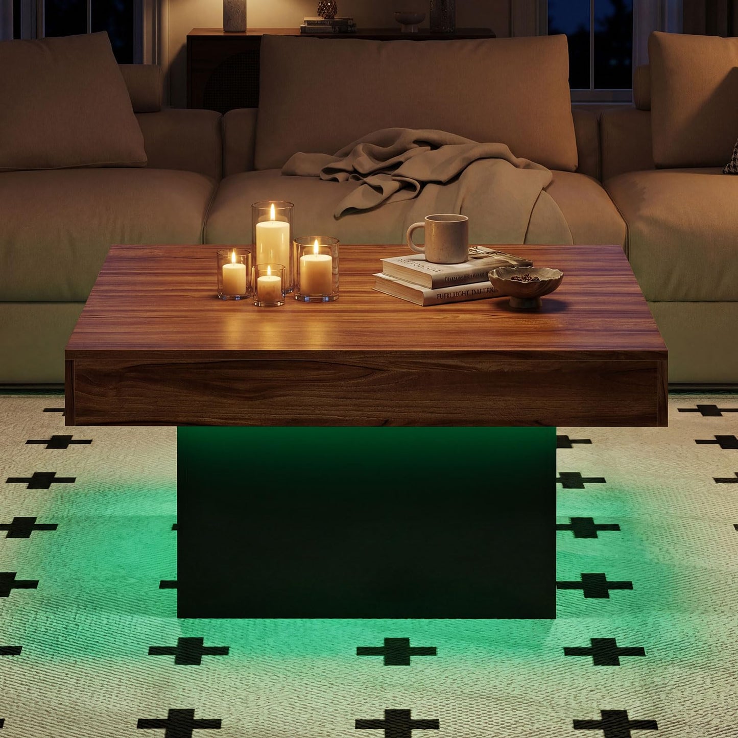 LED Coffee Table, 90x90cm Square Cocktail Center Table with 20-Color RGB LED Lights