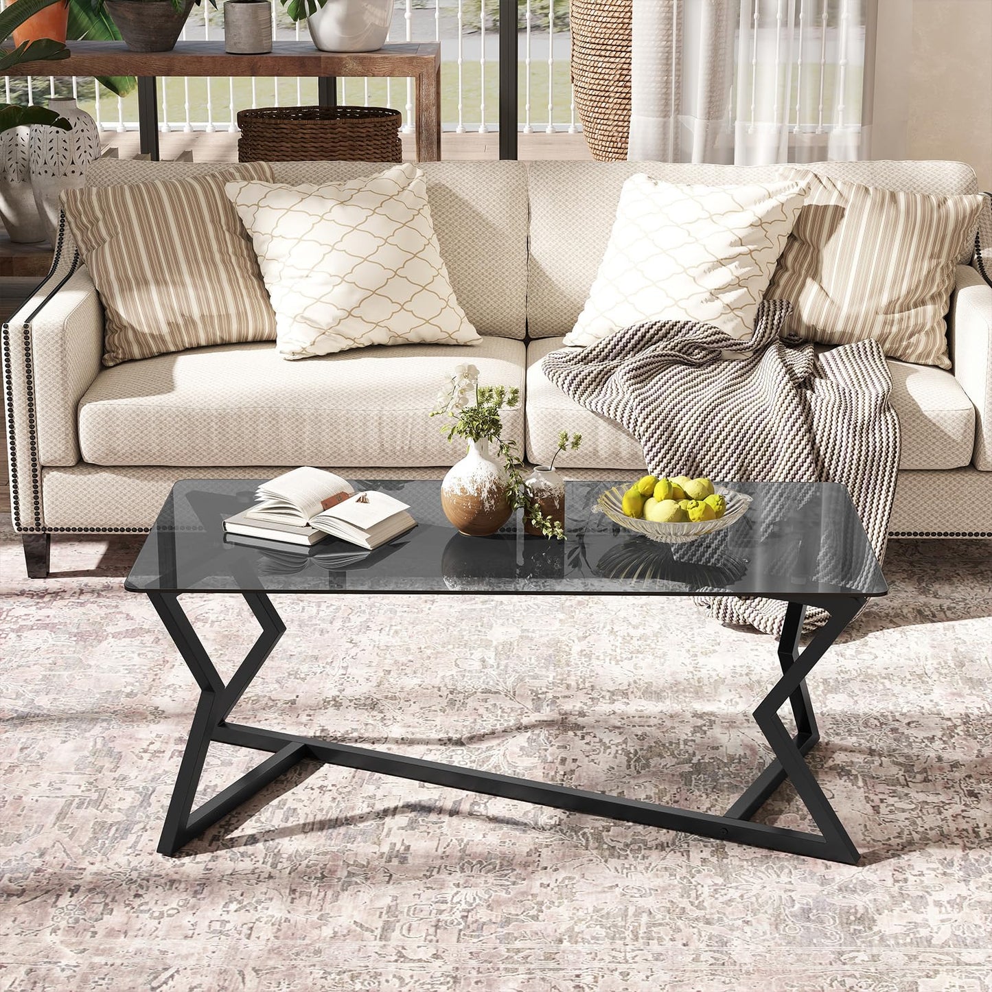 Rectangular Glass Coffee Table with Tempered Top and Metal Frame for Living Room