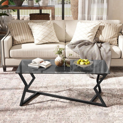 Rectangular Glass Coffee Table with Tempered Top and Metal Frame for Living Room