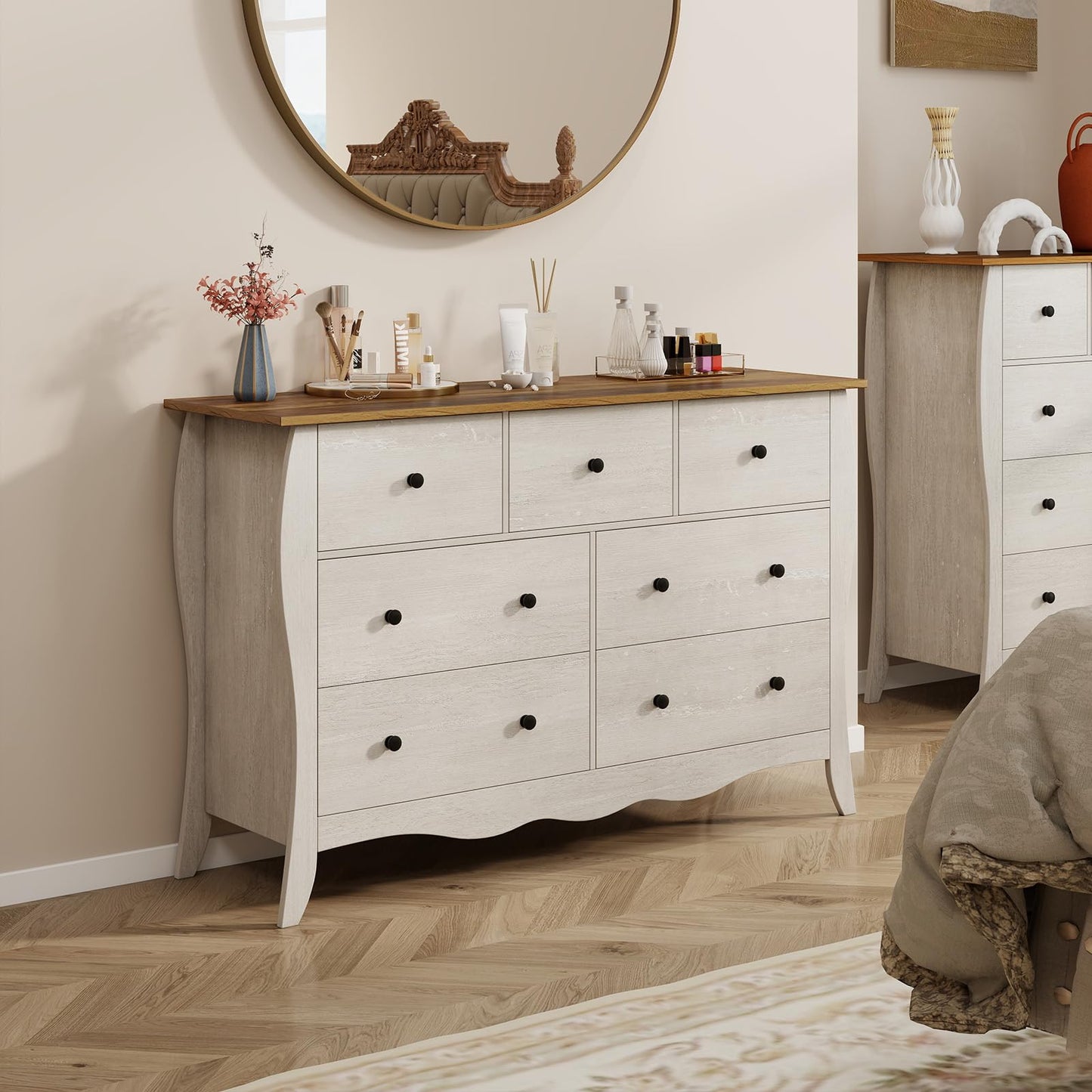 Farmhouse Dresser for Bedroom with 3 Folding Fabric Drawers