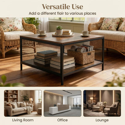 2-Tier Coffee Table, Industrial Square Cocktail Center Table with Open Storage Shelf