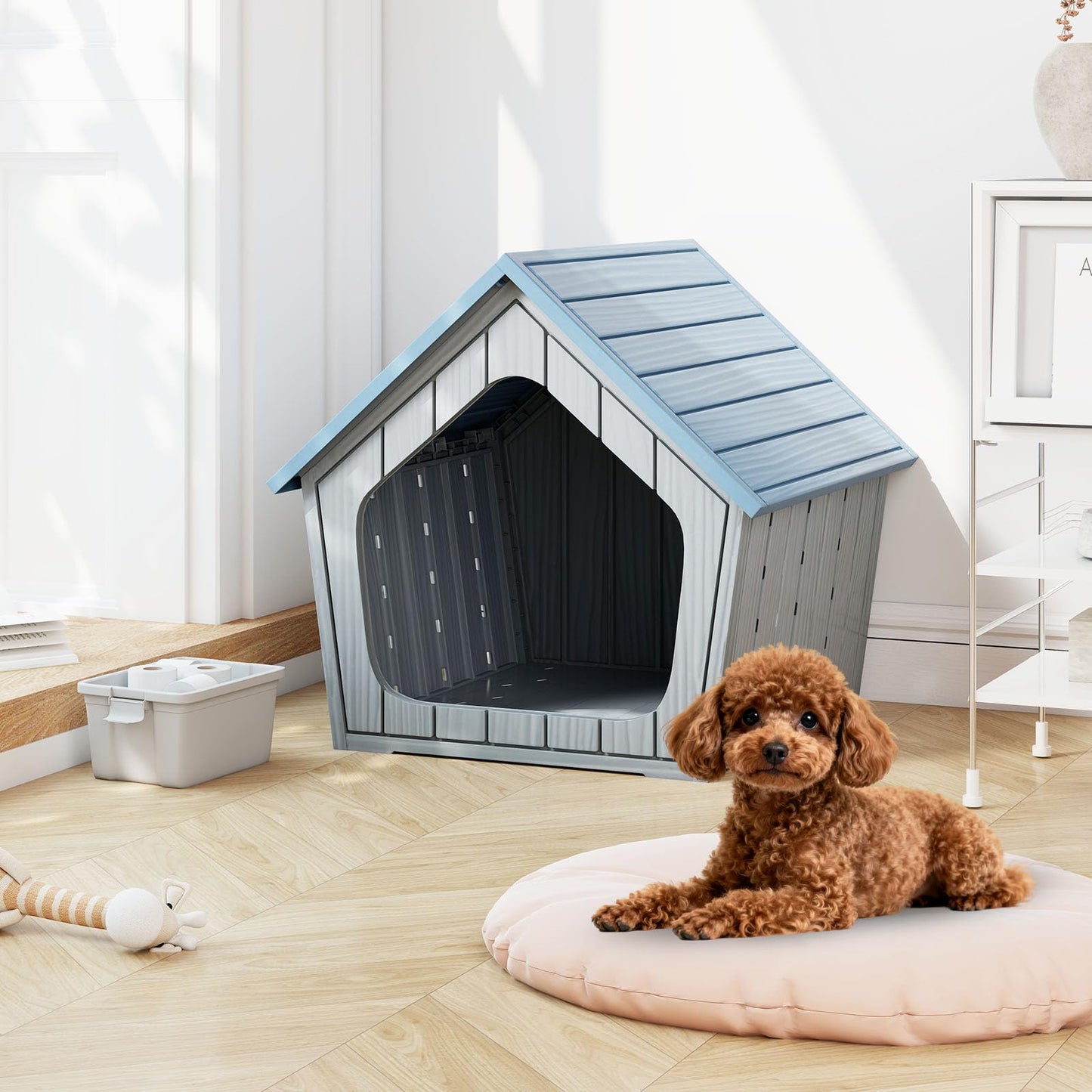 Plastic Dog House, Indoor Outdoor Cat House Condo with Sloping Roof