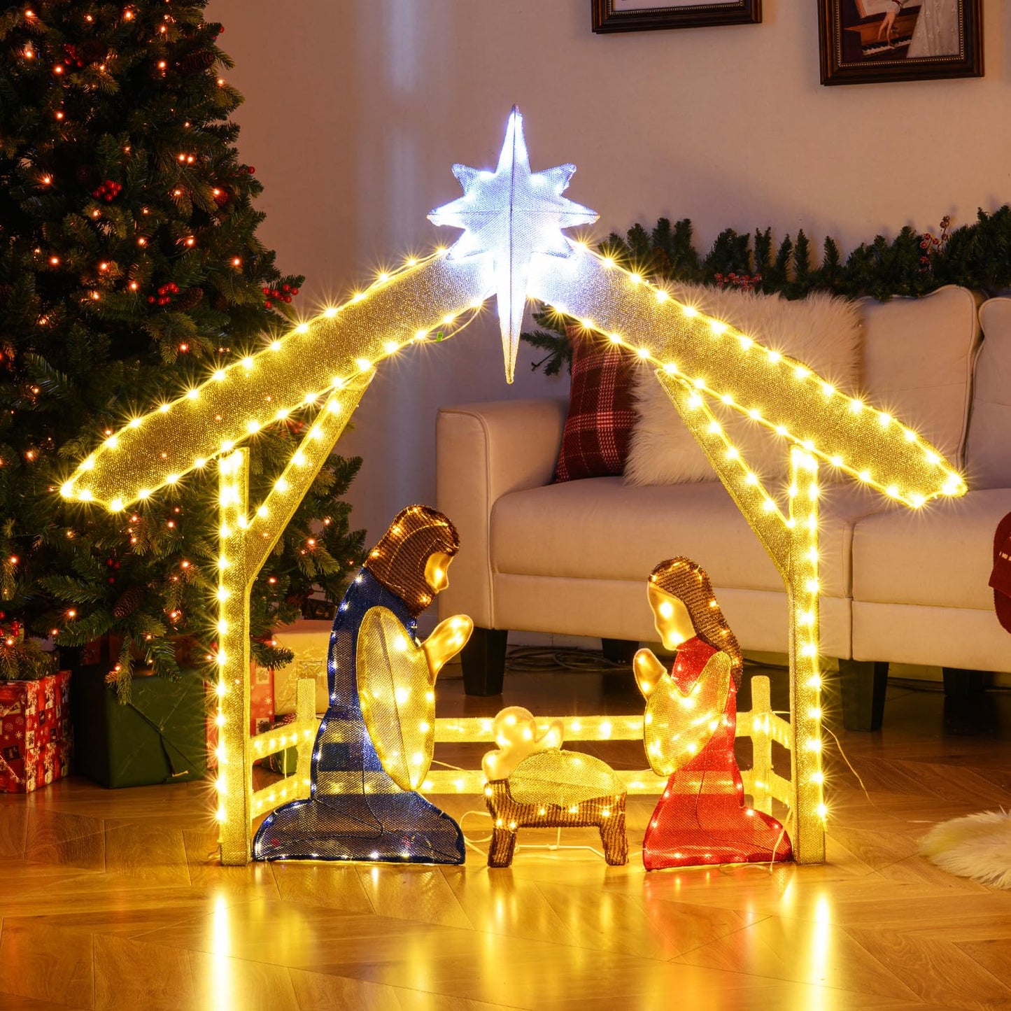 Pre-lit Christmas Holy Family Set with 272 Warm and Cold White LED Lights