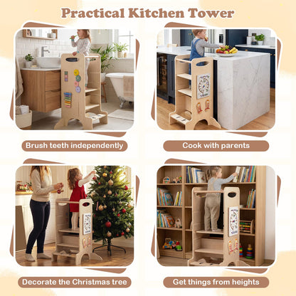 Toddler Step Stool Wooden Kids Standing Tower with Safety Rails