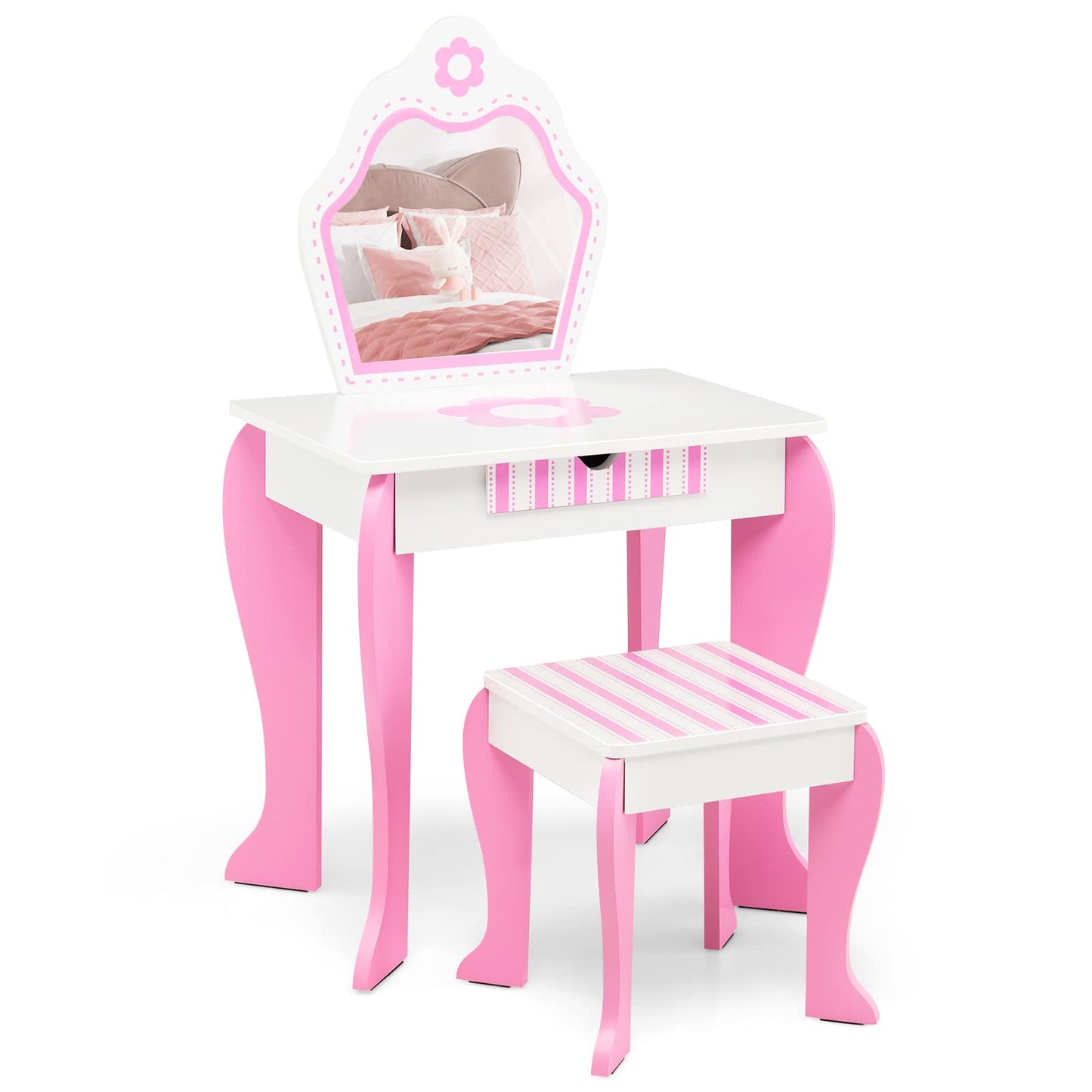 Kids Vanity Table and Stool Set with Mirror and Drawer