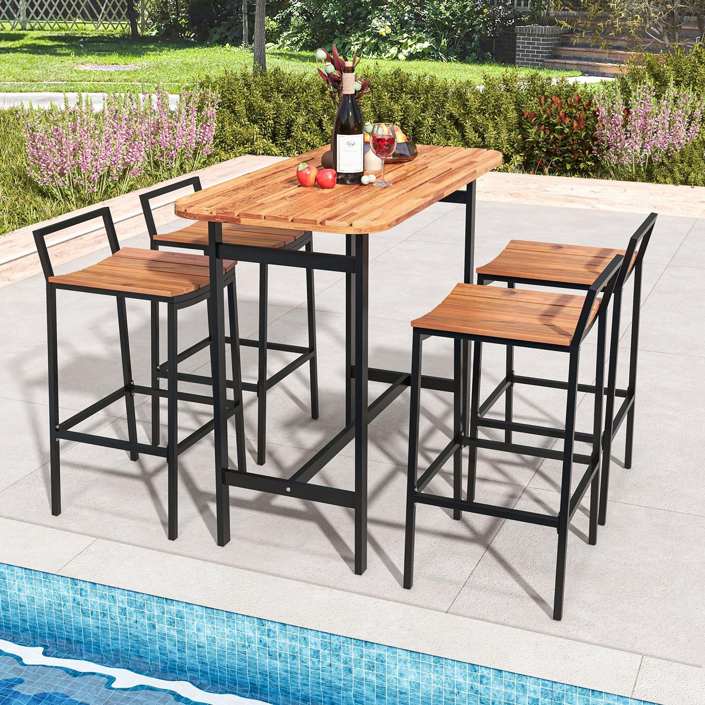 5 Piece Acacia Wood Bar Table Set with Metal Frame and Footrest