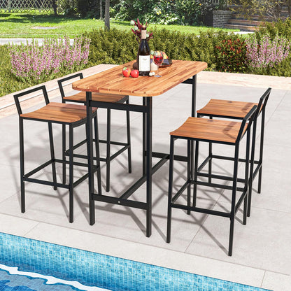 5 Piece Acacia Wood Bar Table Set with Metal Frame and Footrest