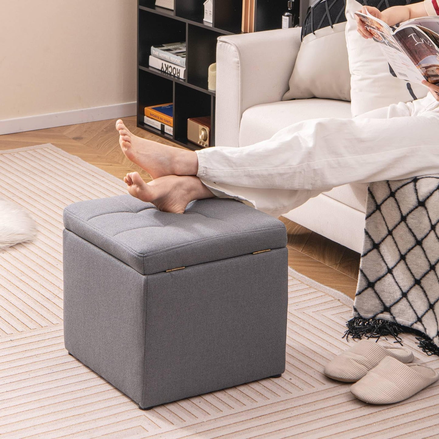 40 cm Square Storage Ottoman Linen Fabric Footstool with Lid