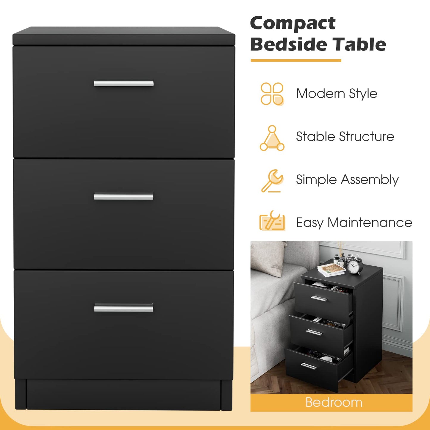 Space-saving Night Chest with 3 Drawers and Handles for Bedroom