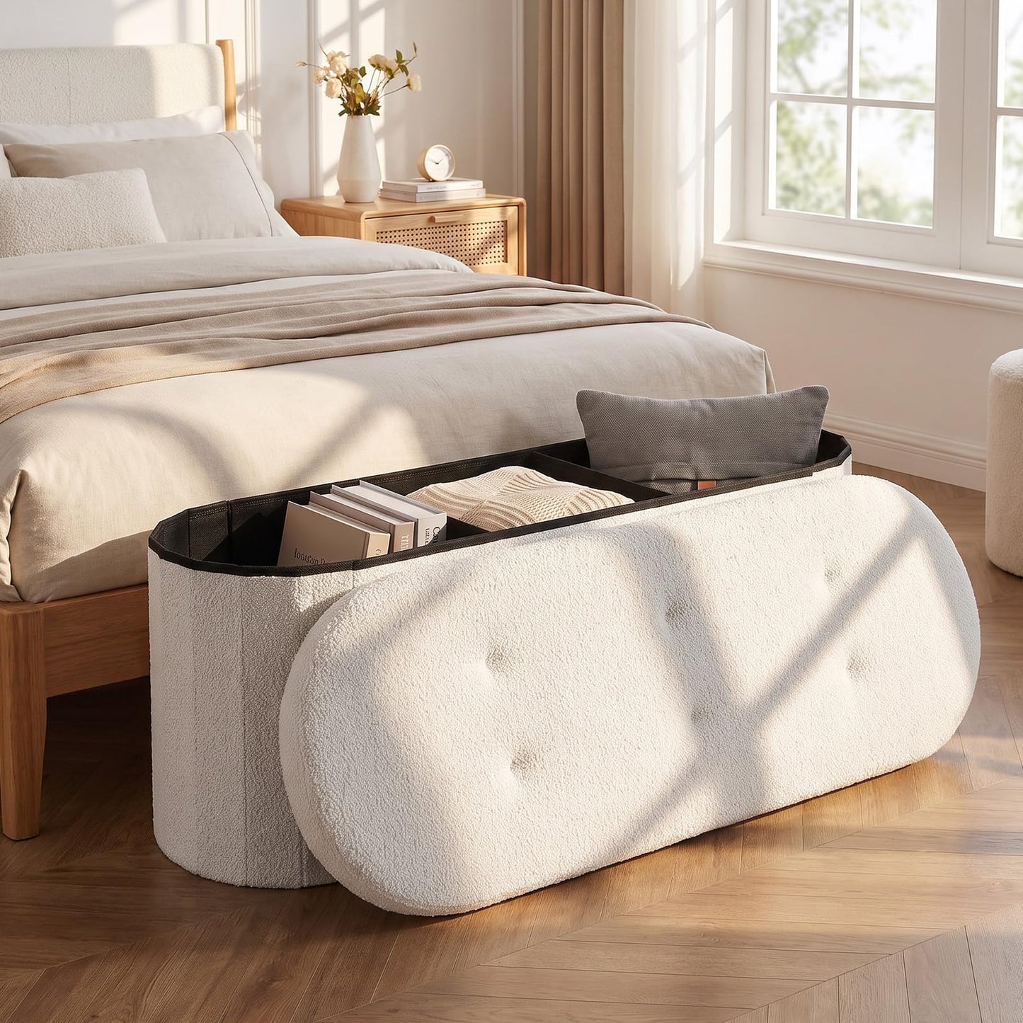 Oval Storage Ottoman Bench, Boucle Folding Footstool